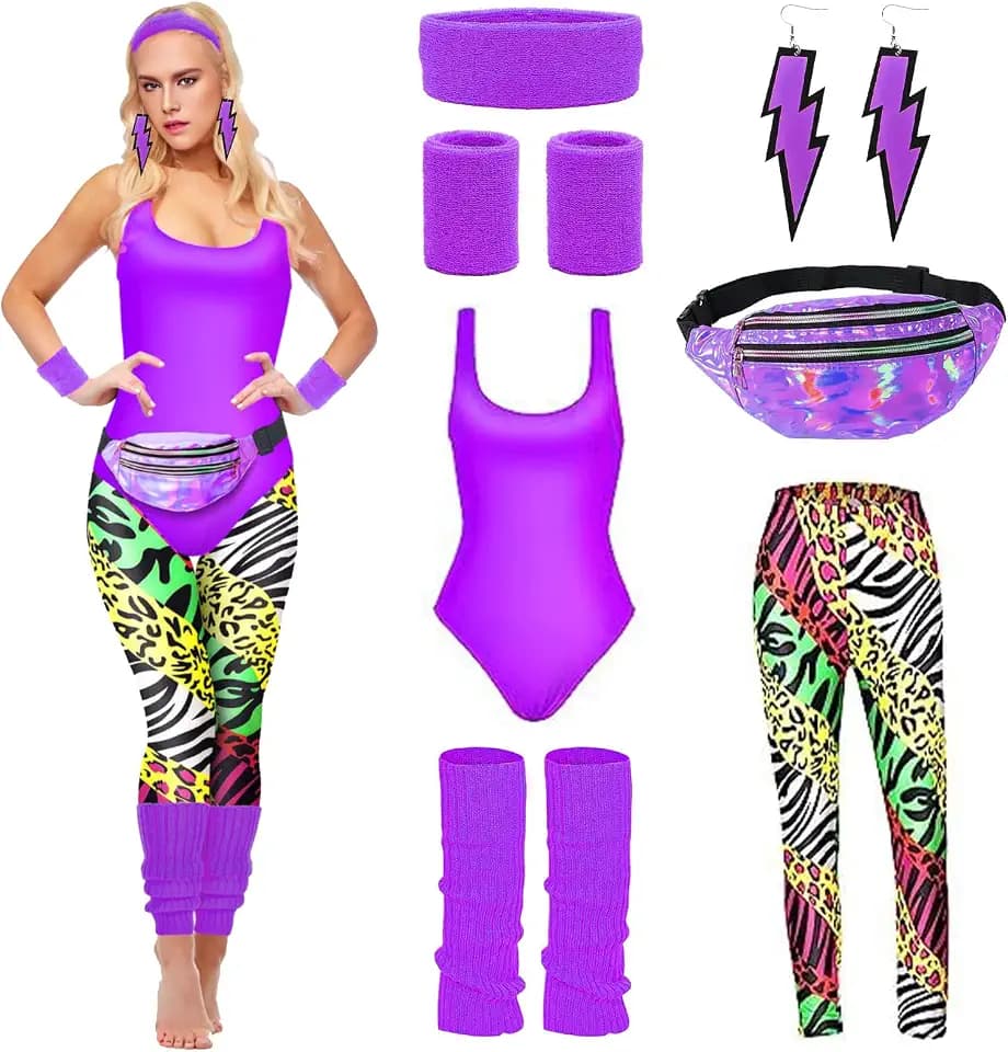 HIQE-FL 80er Jahre Accessoires Outfit Damen,Damen 80er Jahre Workout Kostüm,80er Jahre Outfit Damen 80er Jahre Accessoires,mit Bauchtasche,Stirnband, Beinwärmer,für Karneval,Fasching,Mottoparty