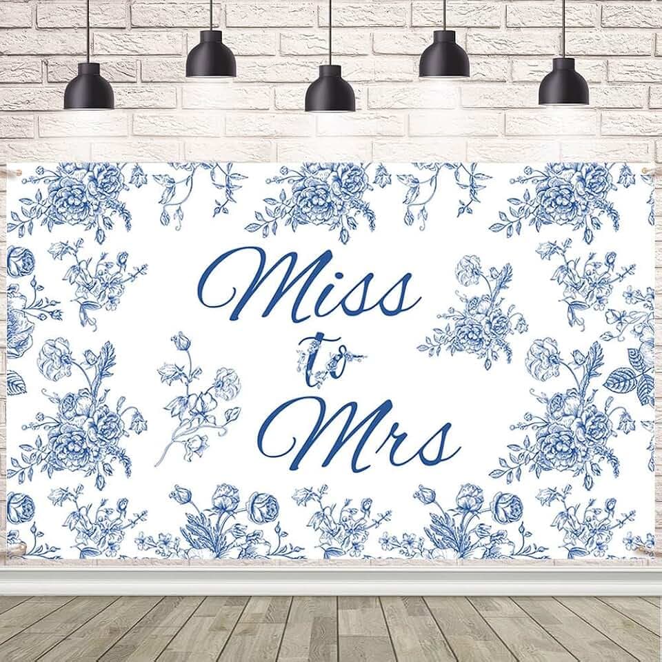 AIBIIN Miss to Mrs Backdrop Blue and White Bridal Shower Photography Background Bride to Be Wedding Engagement Party Decorations Banner 70.8 x 43.3 inch