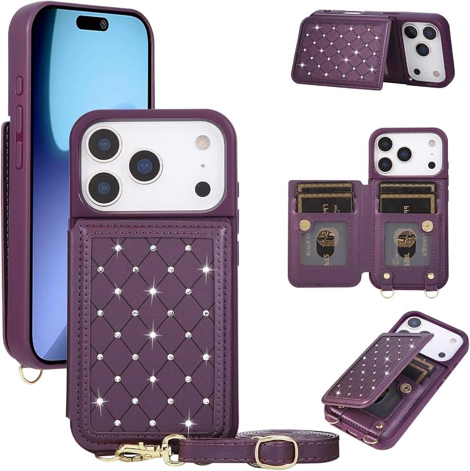 for iPhone 18/17 Pro Wallet Case with Card Holder,Deep Purple Diamond