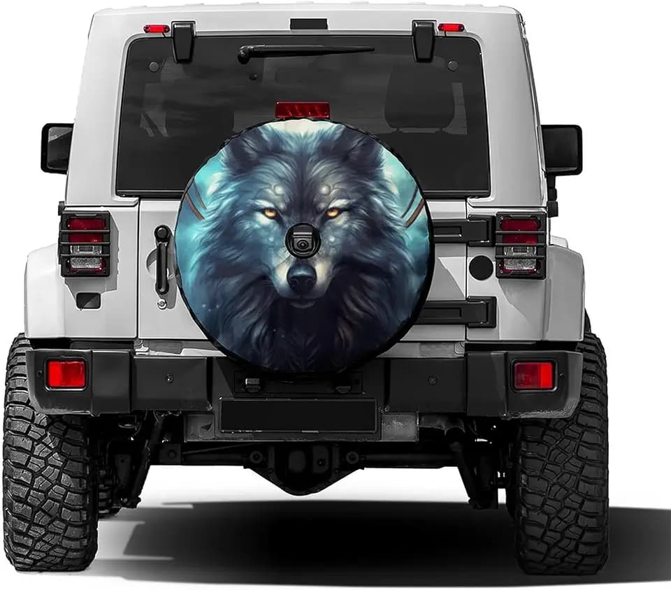 Delerain Spare Tire Cover with Backup Camera Hole Wolf Wheel Covers Waterproof Dust-Proof UV Sun Universal Fit for RV Trailer RV SUV Truck (18 Inch for Diameter 32"-34")
