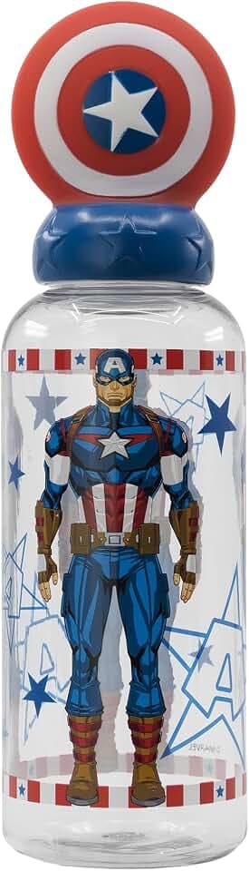Stor Marvel Captain America 560 ml Plastik-Trinkflasche für Kinder mit verziertem Deckel und 3D-Figuren.