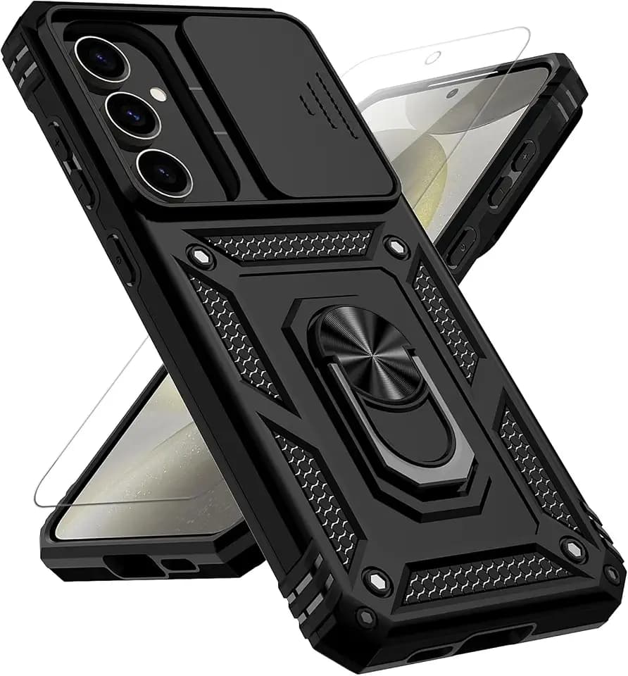 for Samsung Galaxy S24 FE Case with Slide Camera Cover HD Screen Protector [Military Grade 16ft. Drop Tested] Magnetic Ring Holder Kickstand Protective Phone Case for Galaxy S24 FE 5G 2024, Black