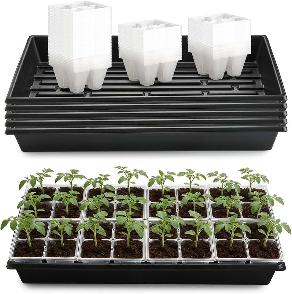 RooTrimmer 5 Pack Heavy Duty 1020 Trays and 40 Pack Clear 4 Cell Seed Starter Trays with Large Drainage Holes, Easy Transplant - for Seed Germination & Plant Propagation (5 Sets)