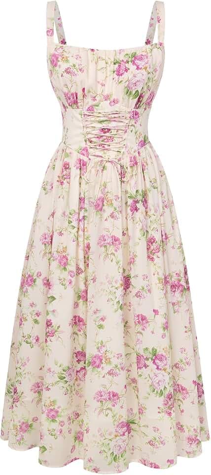 SCARLET DARKNESS Sommerkleid Damen Lang Spaghettiträger Strandkleid Ärmellos Blumendruck Chiffonkleid mit Taschen