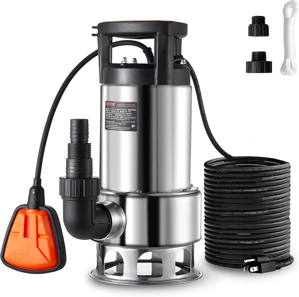 VEVOR 1HP Sump Pump, 4020GPH, 30FT Lift Stainless Steel Submersible Pump with 26FT Power Cord Automatic ON/OFF Float Switch, Drain Clean/Dirty Water for Basement Flood Pool Pond Garden Hot Tub