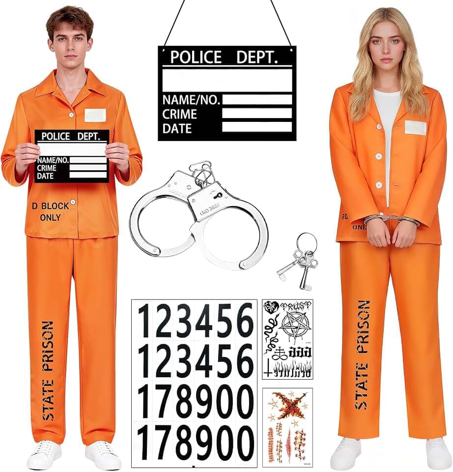 Häftling Kostüm Damen Herren, Orange Prisoner Costume, Gefangener Sträflingkostüm mit Namensschild und Handschellen, Karneval Kostüm Damen Herren, Gefängnis für Erwachsene Cosplay Karneval Costumez