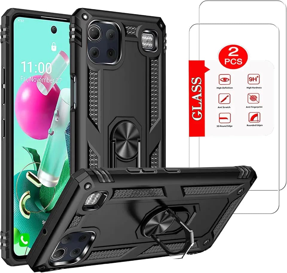for LG K92 5G Case with [2 Pack] Tempered Glass Screen Protector, for LG K92 5G Heavy Duty [Military-Grade] Protective，with Magnetic Kickstand Ring Car Mount Case Black