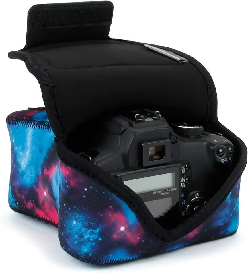 USA Gear Camera Sleeve (Medium) for Compact SLRs Compatible with Canon EOS R100 Nikon Z30 Sony ZV-E10, and more - Padded Neoprene DSLR Case with Zipper Accessory Pocket & Belt Loop (Galaxy)