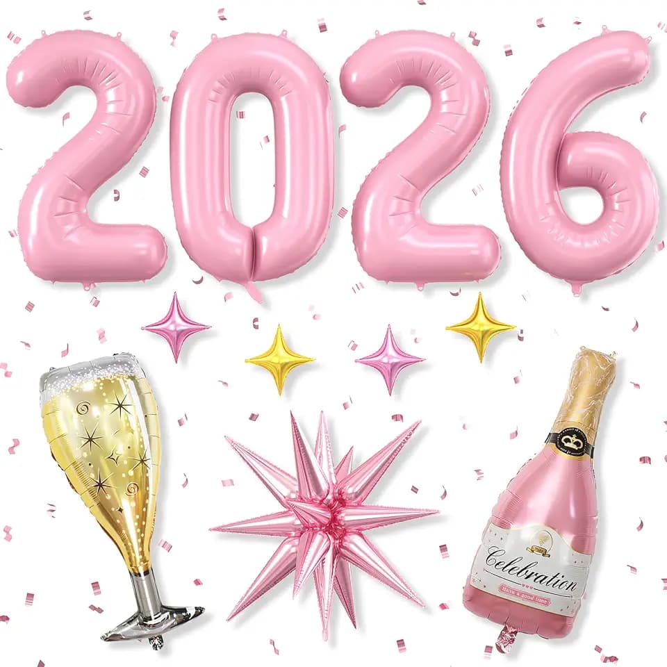 Pink 2026 Balloons, 40 Inch Number 2026 Pink Foil Balloons, Pink and Gold Star Balloon, Champagne Bottle Glass Balloon for Happy New Years Eve Party Supplies 2026 Class of 2026 Graduation Decorations
