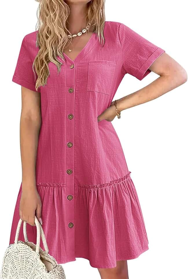 HOTOUCH Damen-Kleid, Knopfleiste, lockerer Sommer, Baumwolle, Leinen, Rüschensaum, Freizeitkleid, kurzärmelig, Tunika-Kleid, hot pink, S