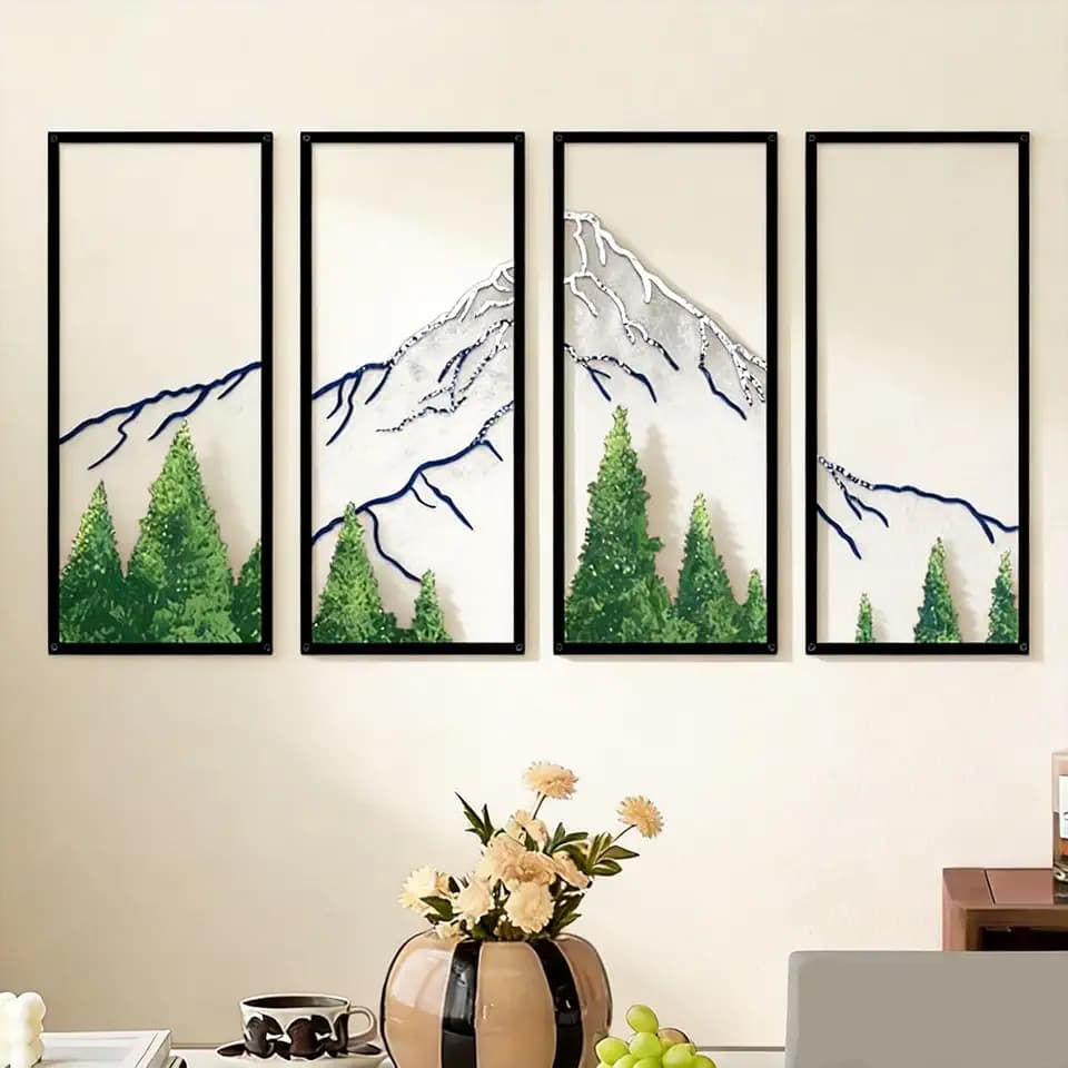 ruelen Wanddekorationen aus Metall,Bergwald,Schnee,Berg,groß,abstrakt,minimalistisch,Linienzeichnung,bunte Berge,Wandkunst,Heimdekoration für Wohnzimmer,Badezimmer
