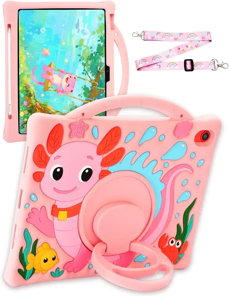 Kids Case for Galaxy Tab A9 Plus 11 Inch, Axolotl 3D Cute Silicone Kids Cover with Rotating Stand, Adjustable Strap & Pencil Holder, Durable Heavy Duty Protective Shell for Samsung Tab A9+ (Pink)