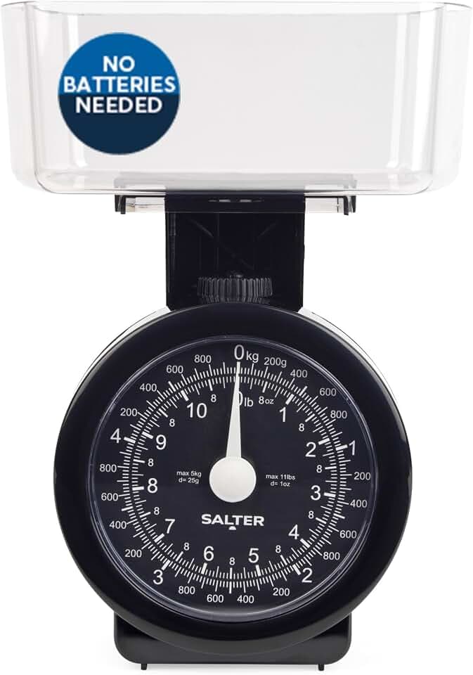 Salter Küchenwaage Analog 5kg, Mechanische Küchenwaage mit Schüssel, Waage Küchenwaage Retro Design, Spülmaschinenfeste Backwaage mit Zuwiegefunktion, Gut Lesbares Zifferblatt