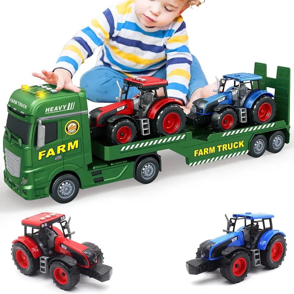Mostop Großer Flachbett Sattelschlepper,25.6'' große Farm Truck Spielzeug mit 2 Traktoren,Reibungsangetriebener Bauernhof-Transporter Traktor Spielzeug mit Licht & Sound, Bauernhofspielzeug für Kinder
