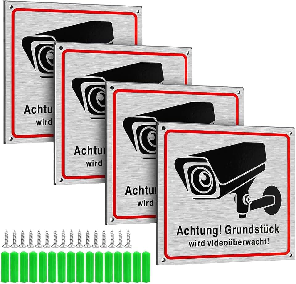 4 Stück Schild Videoüberwachung Alu 15x15cm Achtung Videoüberwachung Schild Hinweisschild Videoüberwachung Schild Kameraüberwachung Warnschild Kamera Überwachung mit Schrauben