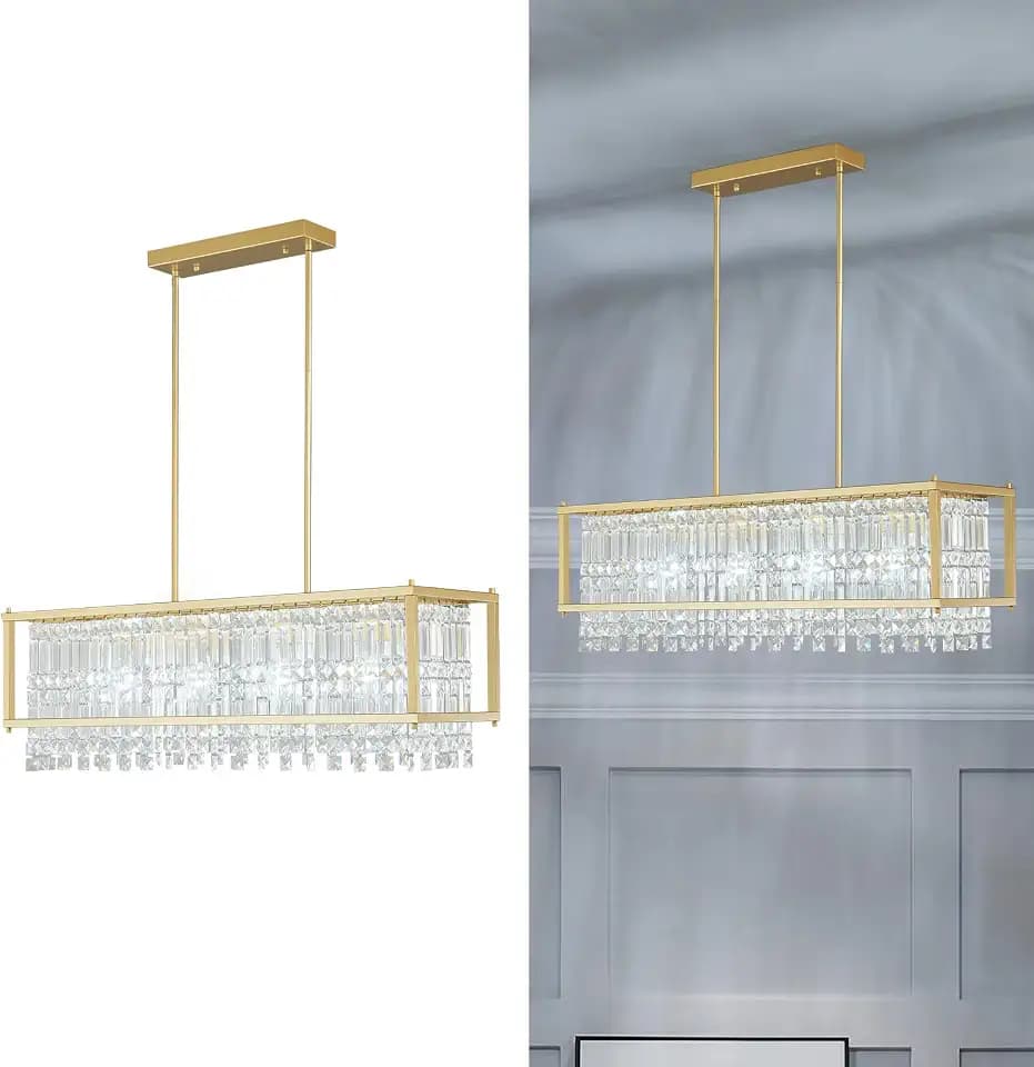 LMQNINE Modern Rectangle Chandelier for Dining Room, Gold Crystal Chandelier Linear Light Fixture, Farmhouse Chandeliers for Kitchen Island, Bar Table, L35.43'' x W11.81'' x H9.84''
