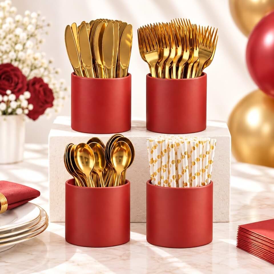 Domensi 204 Pcs Red and Gold Disposable Cutlery Set with Utensil Holders