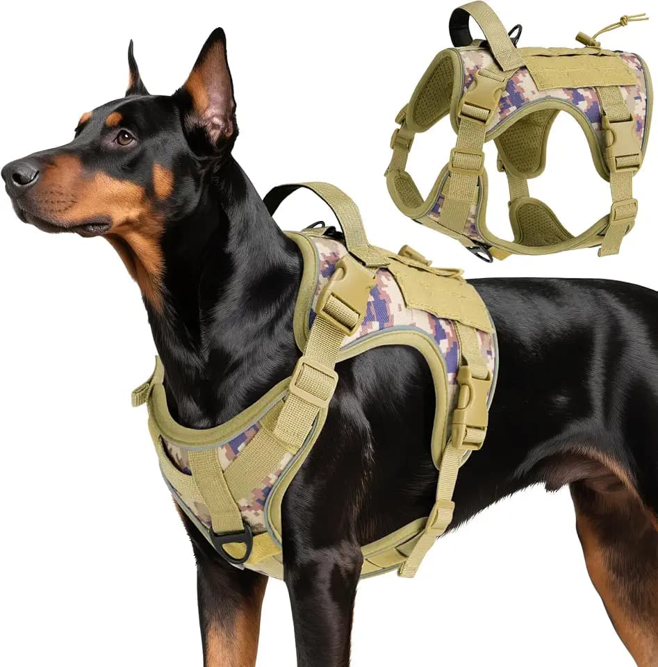 VavoPaw Heavy Duty Tactical Dog Harness for Large Dogs, No Pull Adjustable Pet Harness Reflective Service Training Easy Control Pet Vest Military K9 Working Dog Harnesses, Desert Camouflage, L