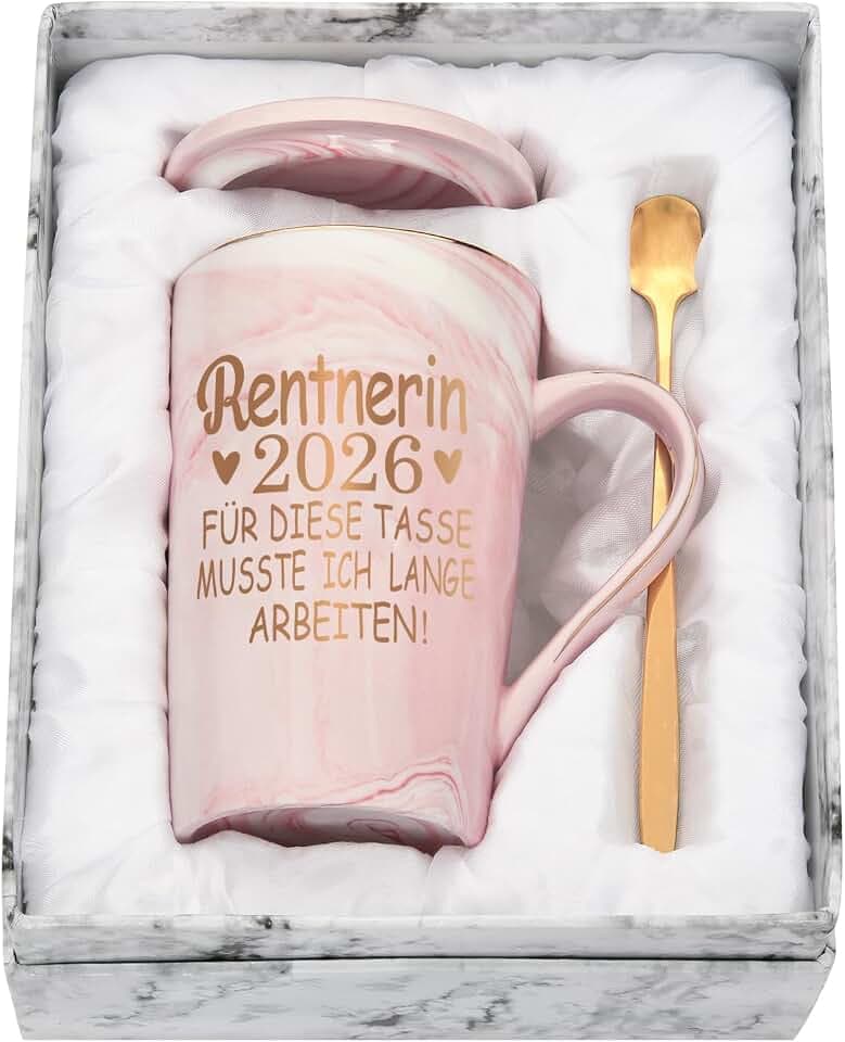 Renteneintritt Geschenk Frau, Ruhestand Geschenk Frauen, Geschenke für Frauen zum Renteneintritt, Rentner, Rentnerin 2026 Tasse, 400ML Keramik Marmorbecher mit Deckel Löffel und Geschenkbox