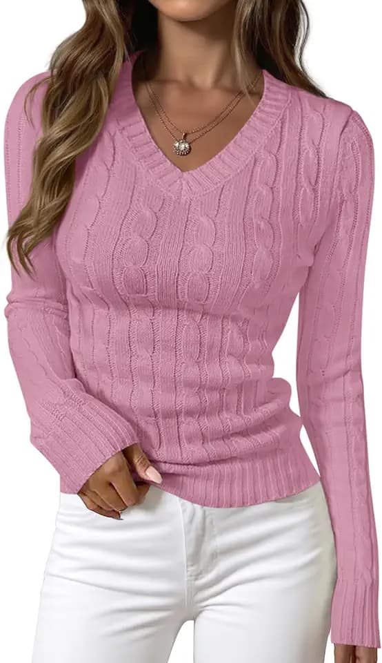 PRETTYGARDEN Womens Cable Knit Fitted V Neck Sweaters Tops
