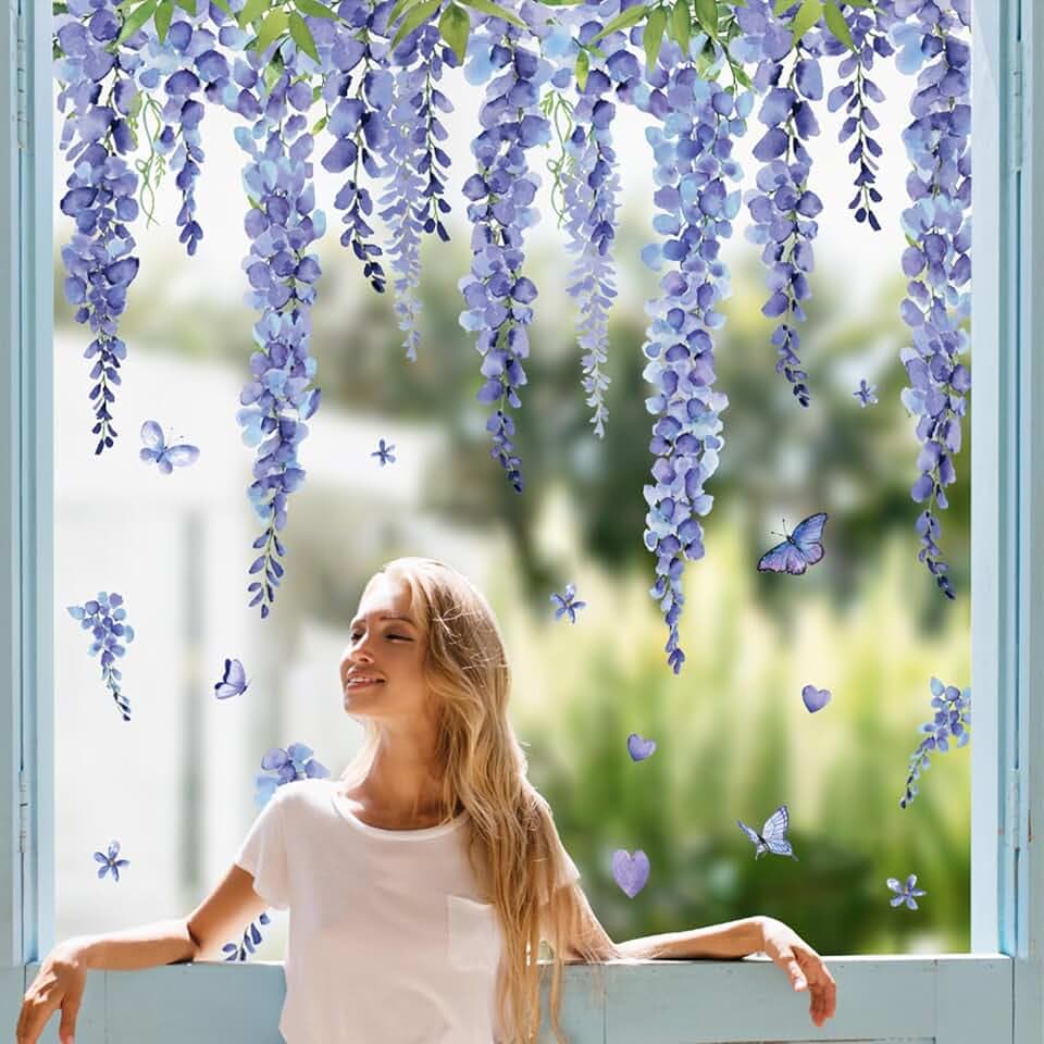 Whaline 9 Sheets Spring Summer Blue Purple Floral Window Cling Stickers Hanging Wisteria Flower Vine Window Decals Watercolor Reusable Anti-Collision Glass Decor for Party Home Classroom