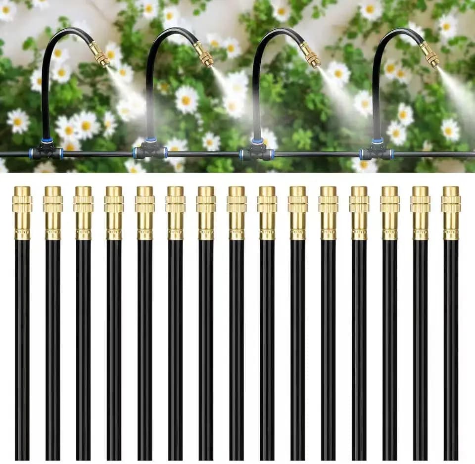 Brass Misting Nozzles for 5/16 Inch Drip Irrigation Tubing, 360° Adjustable Rotating Sprayers for Garden, Greenhouse & Outdoor Cooling, 15 Pack