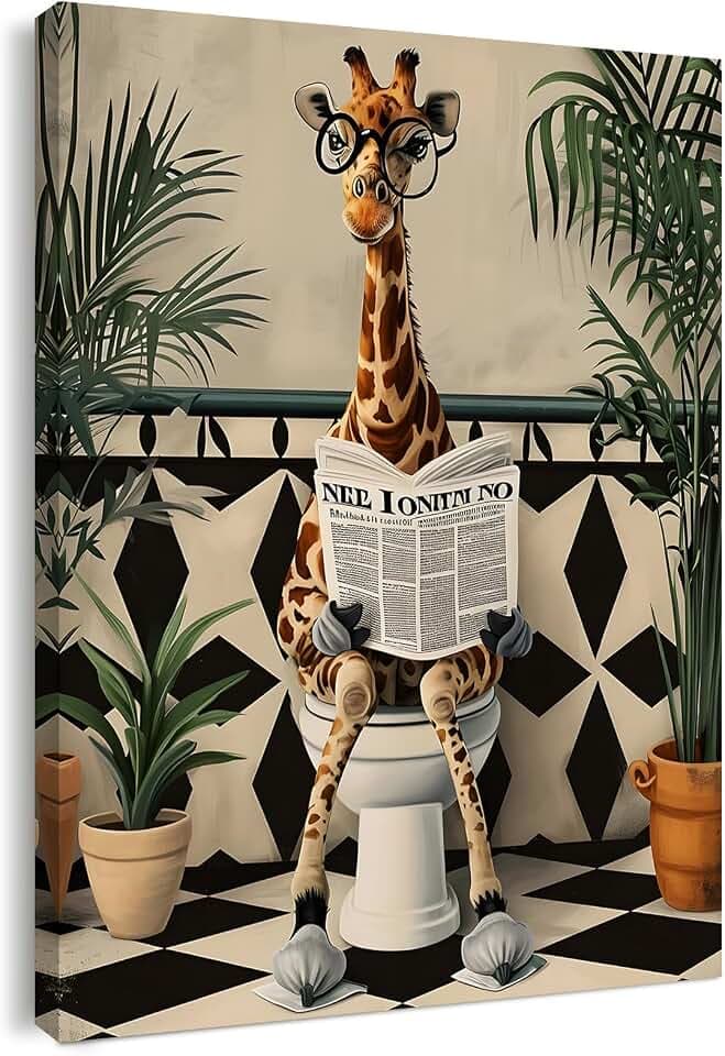 Qiukoo Wandkunst, lustiger Giraffen-Toilettendruck, gerahmtes Leinwandbild für Badezimmerbilder und Dekor, wasserdichte WC-Wandkunst mit Rahmen und Haken zum Aufhängen, 30,5 x 40,6 cm