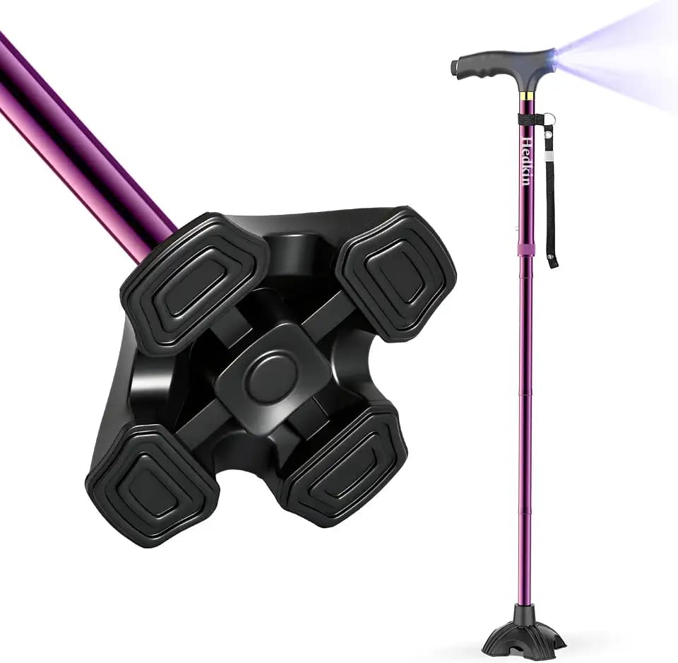Walking Cane with LED Light, Foldable,Adjustable, Self Standing Walking Canes for Men & Women,Walking Sticks with Quad Base for Seniors & Adults