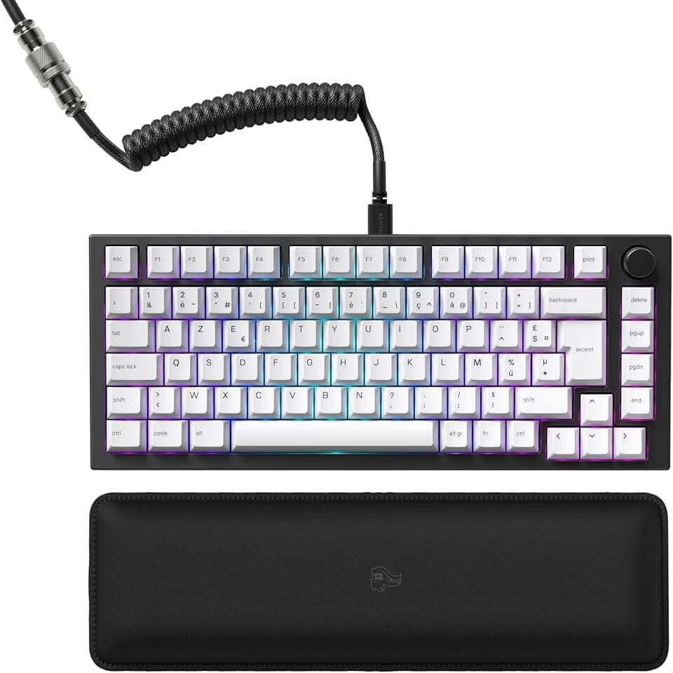 Glorious Gaming GMMK PRO 75% Modulare mechanische Gaming-Tastatur, TKL, Rahmen 1,5 kg, anpassbar, Spiralkabel, Handgelenkauflage, weiße Tasten, RGB, Französisches AZERTY-Layout, Schwarz