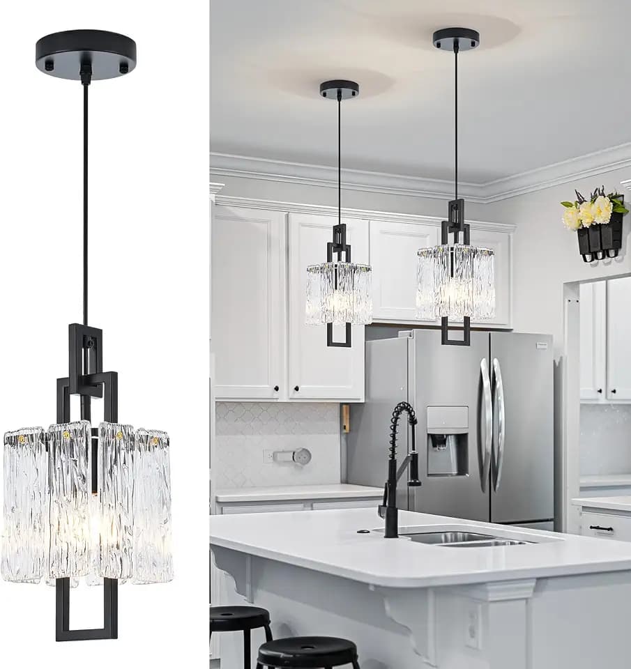 5.9" Black Crystal Pendant Light, Ripple Glass for Kitchen Island