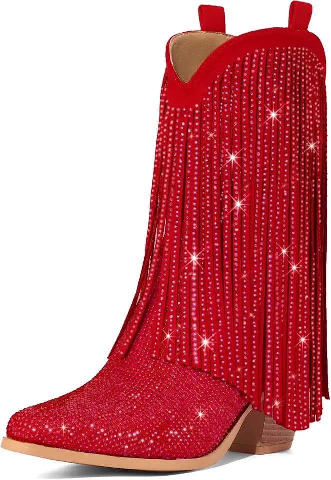Rollda Rhinestone Cowboy Boots for Women, Fringe Cowgirl Boots
