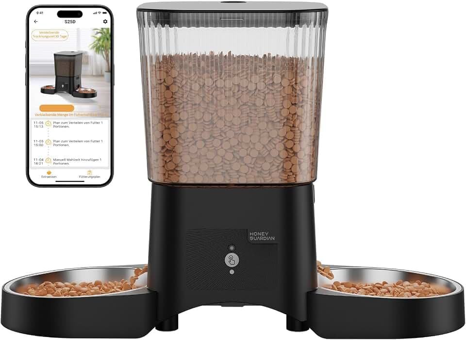 HONEYGUARDIAN Futterautomat Katze 2 Näpfe, 5G/2.4G WiFi Intelligenter Automatischer Futterspender für Katzen & Hunde, APP-Steuerung, 4 Anti-Rutsch-Füße, Stabilität, 1-6 Mahlzeiten/Tag (3.5L)