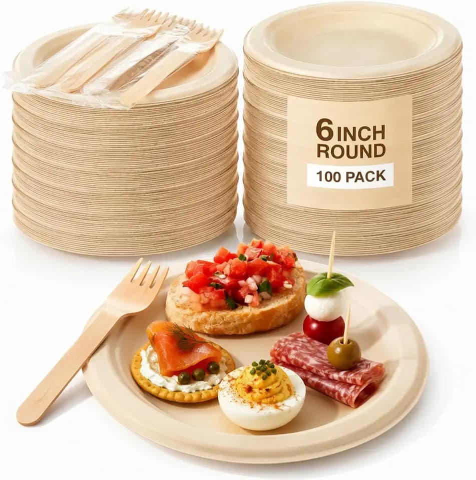 Havawish 200 Pcs 6 Inch Compostable Dessert Plates with Forks Bulk, Wood