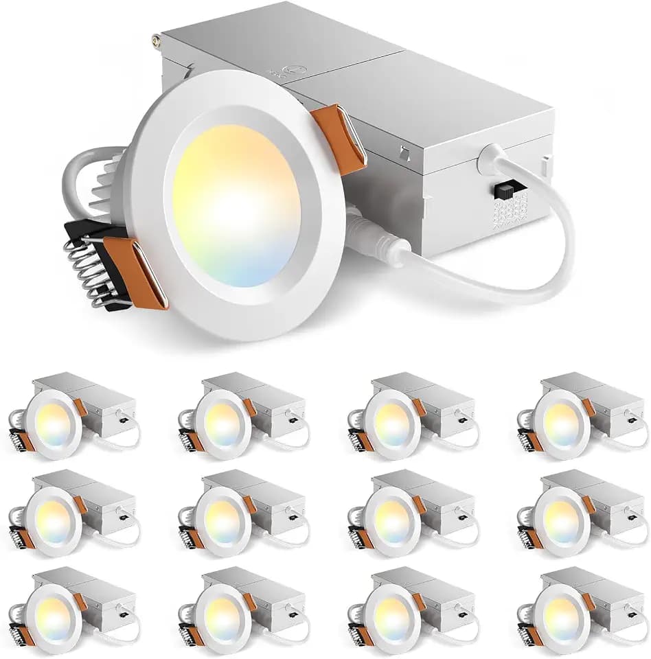 Amico 12 Pack 2 Inch 5CCT Ultra-Thin LED Canless Recessed Ceiling Light