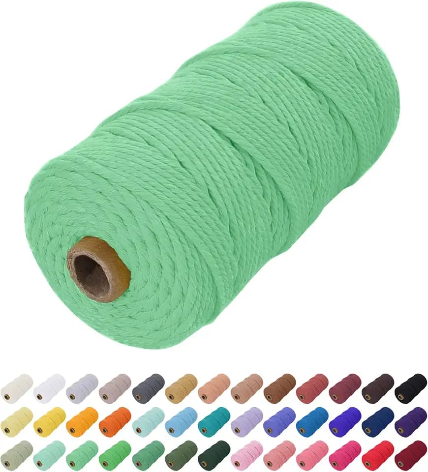 Uiopa Makramee Garn 2mm x 200m, Baumwollkordel Farbig Baumwollgarn Geflochten Baumwollseil, Natürliche Baumwollschnur für Wandbehang, Vorhang, Traumfänger, Hängepflanze, Deko (Wassergrün)