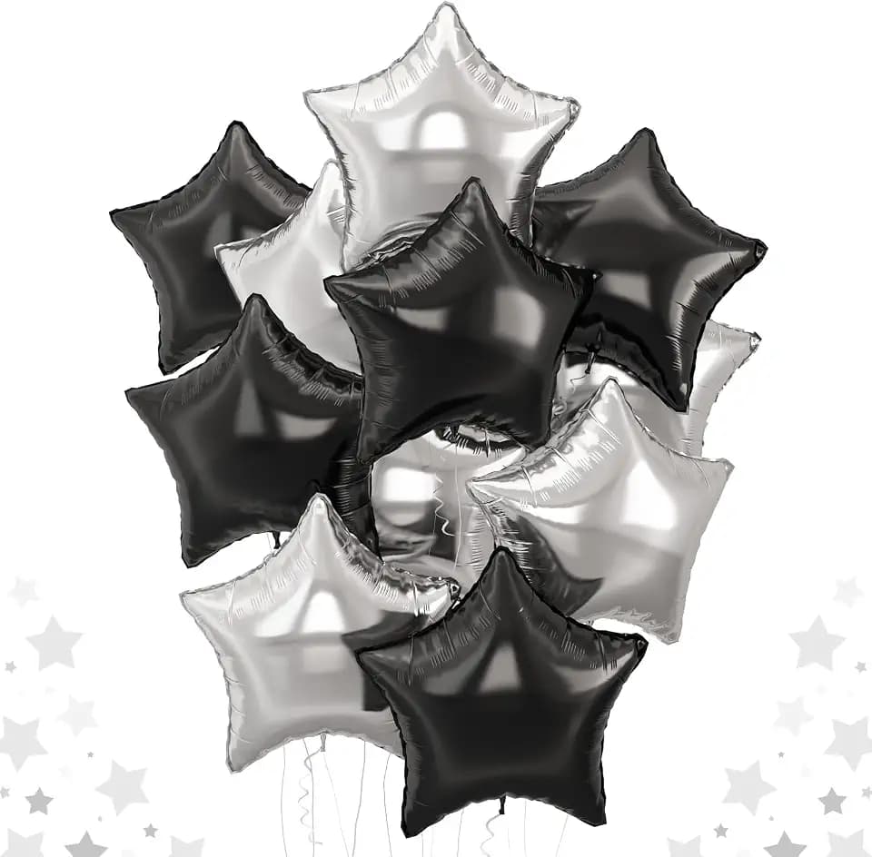 Black Silver Star Foil Balloons, 18 Inch Large Black and Metallic Silver Stars Shape Aluminum Foil Helium Balloon 10 Pcs Pentagram Balloons for Birthday Graduation Retirement New Year Father's Day