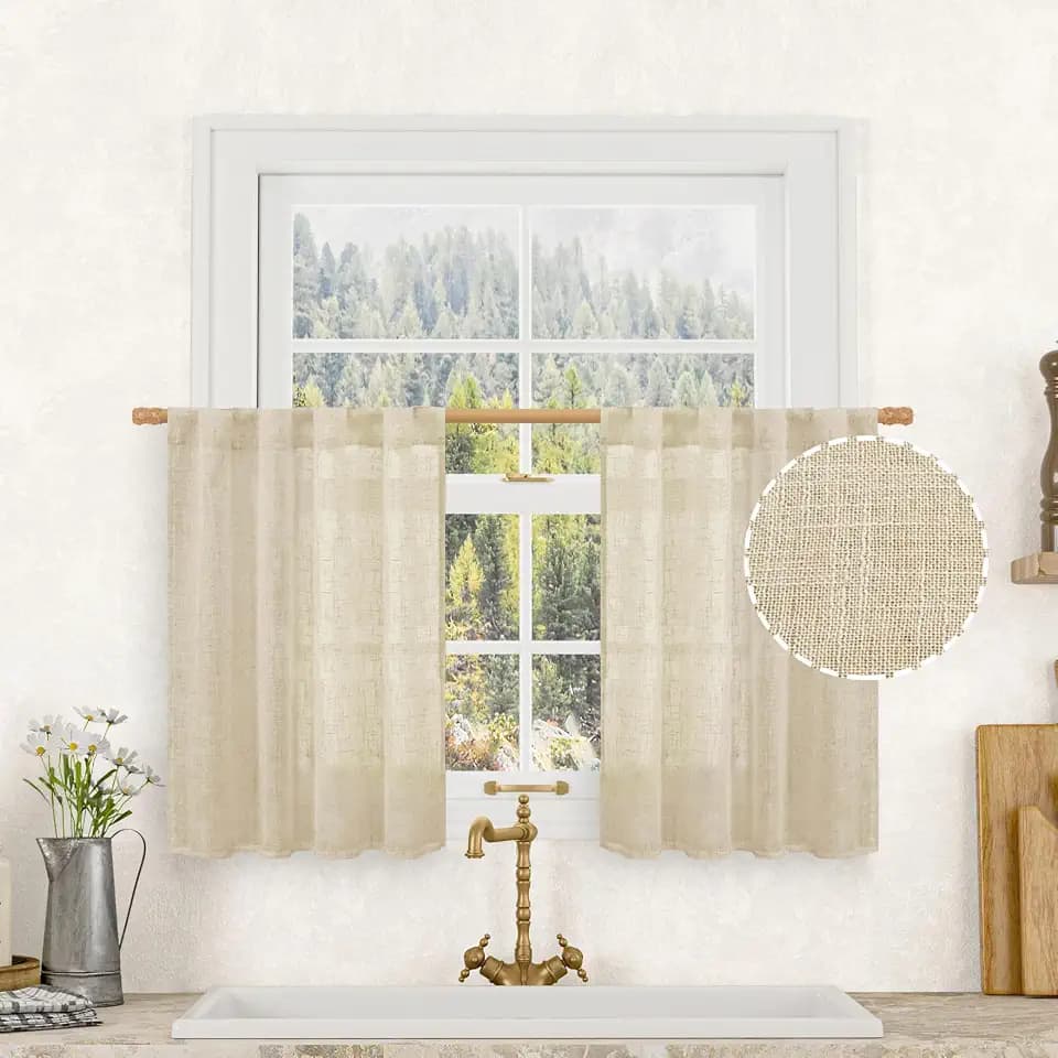LAMIT 30 Inch Cafe Linen Curtains for Kitchen Window Over Silk 2 Panels