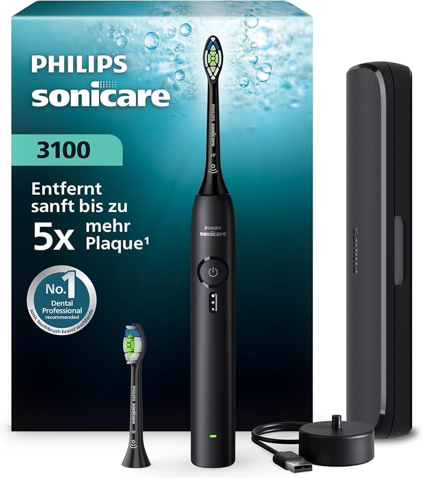 Philips Sonicare Series 3100 Elektrische Zahnbürste – Schallzahnbürste mit Drucksensor, 3 Intensitätsstufen, EasyStart, SmarTimer, 14 Tage Laufzeit, Reiseetui, Schwarz, HX4034/22, [Neu]