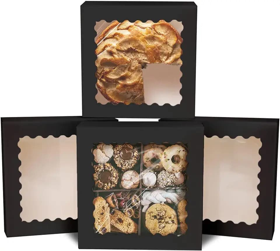 qiqee Auto-pop Up 30pcs Pie Box With Window 9x9x2.5 Inch Donut Pastry Boxes Black Bakery Box