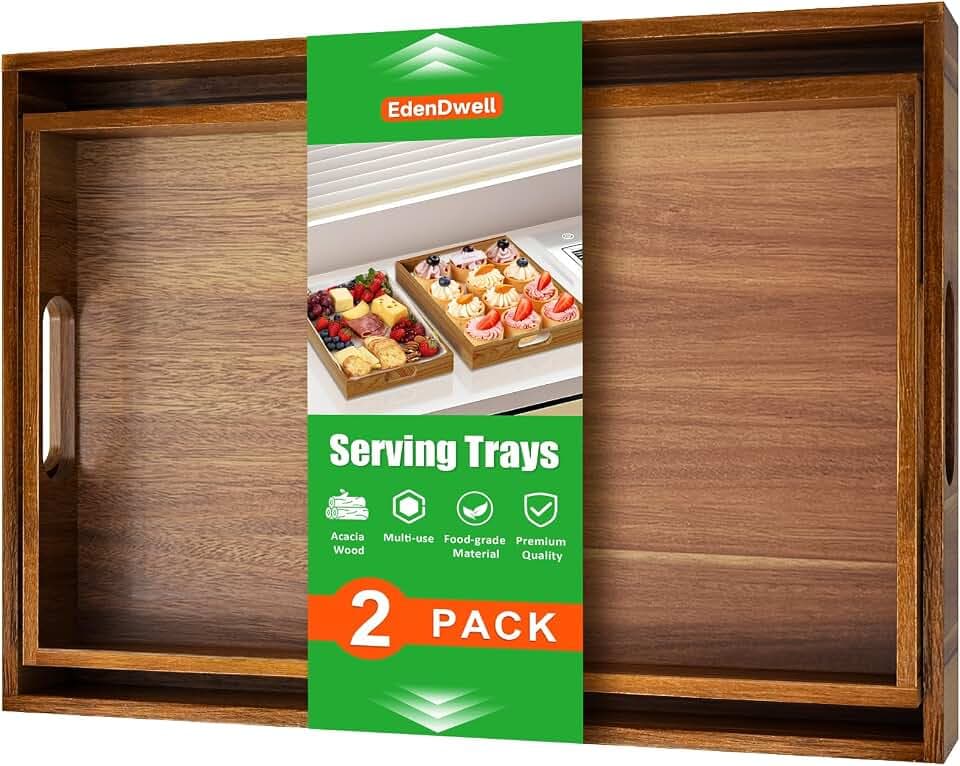 Acacia Serving Trays, Wooden Serving Tray with Handles, 2 Pack, Large