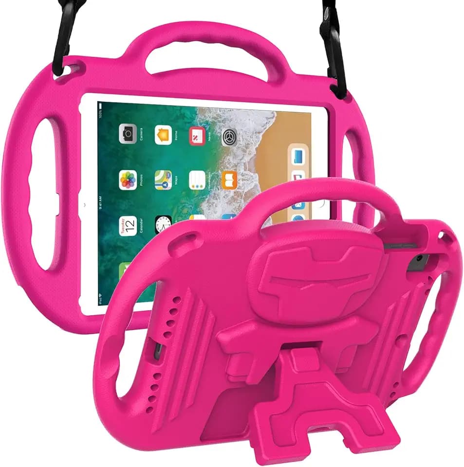 LTROP Kids Case for iPad 5th/6th Generation (2017/2018) & Air 2, Shoulder Strap Handle Stand Shockproof Bumper Cute Kid Case for iPad 9.7 Inch, Pink