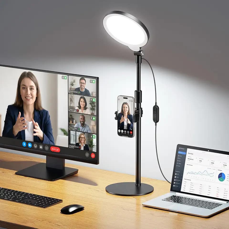 Ringlicht mit Ständer, Schreibtischlampe mit 3 Farbtemperaturen & 10 Helligkeitsstufen, CRI>97,8 Streaming Licht für YouTube Tiktok Videokonferenzen Homeoffice