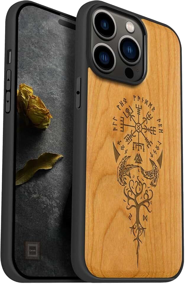 Carveit Holz Cover für iPhone 14 Pro Max, Kirschholz-Wikingerkompass