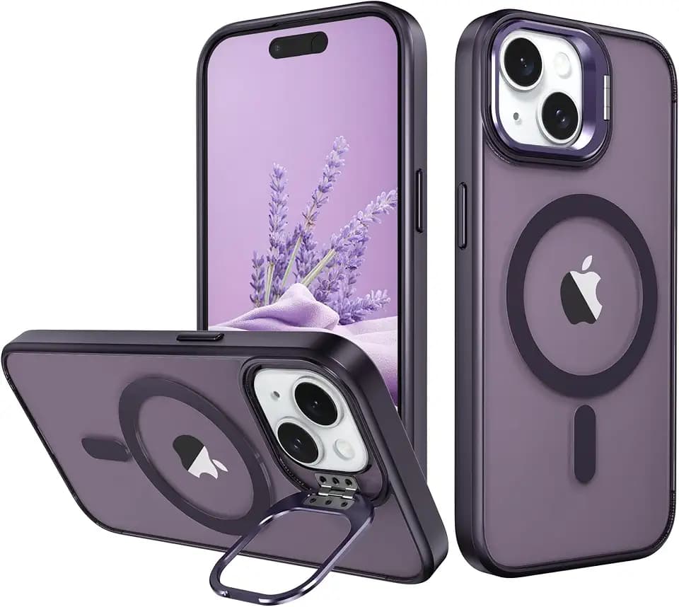 IDweel for iPhone 15 Case with Built-in Camera Stash Stand, Compatible with MagSafe, Slim Fit & Lightweight, Magnetic Hard Back Soft Edge Scratch-Resistant Shockproof Cover, Purple