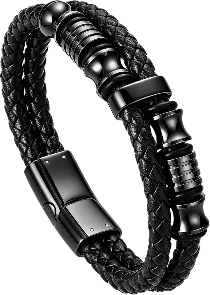 Mens Bracelet Braided Leather 316L Stainless Steel