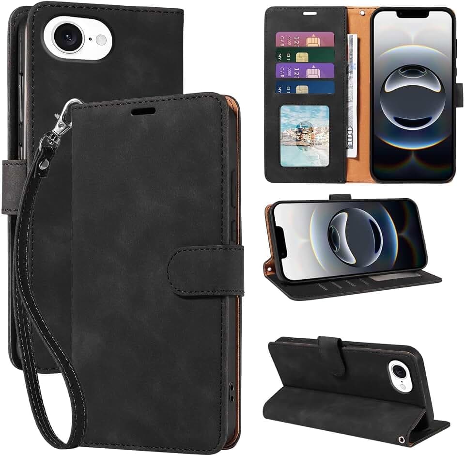 for iPhone 16e Case Wallet, RFID Blocking 4 Card Slots (Black)