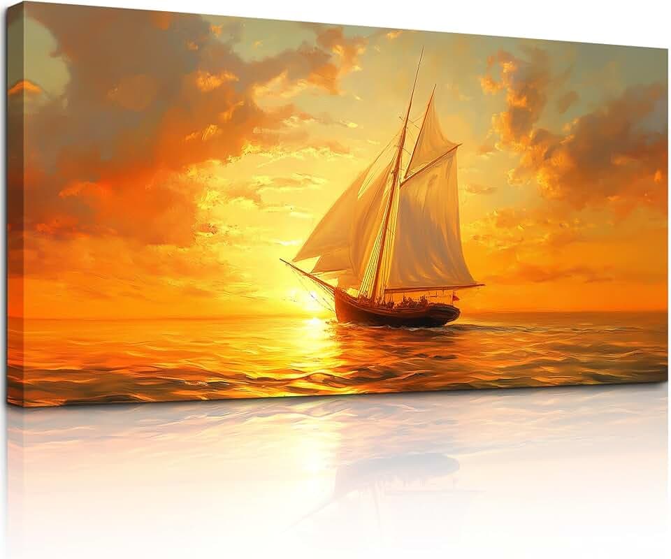 MHARTK66 Segelboot auf dem Meer Leinwand Bilder, 50x100 cm Groß Wandbilder Wohnzimmer Landschaft Bild Aesthetic, Goldener Wanddeko Kunstdruck Schlafzimmer Esszimmer Flur Büro Küche Badezimmer