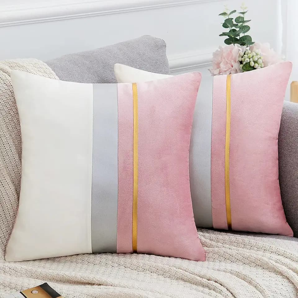 Serento Samt Rosa Kissenbezüge mit Geld Gestreiftem Leder Moderner Luxus Pink Dekokissenbezüge Wohnkultur für Couch Schlafsofa Wohnzimmer, 45 x 45cm, 2er-Set