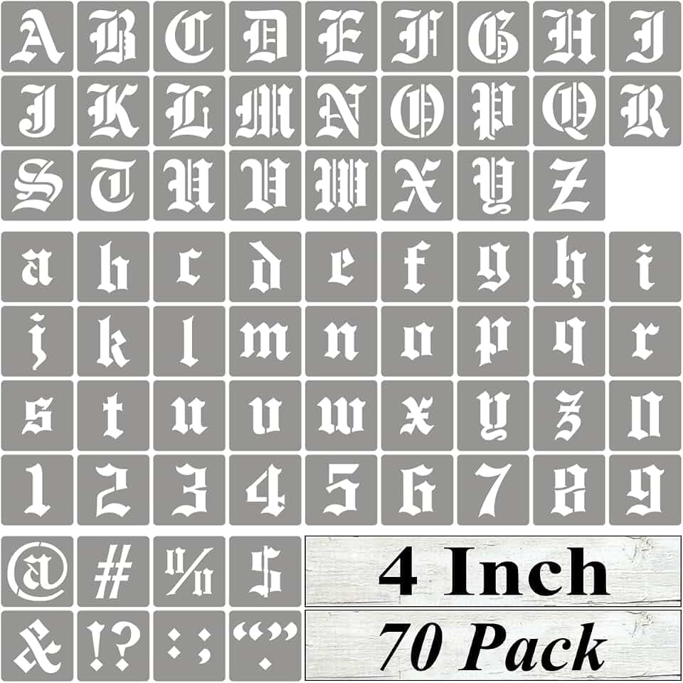 4 Inch Alphabet Letter Stencils for Painting - 70 Pack Old English Letter Stencil Templates with Numbers and Signs for Painting on Wood, Reusable Letters Stencils for Chalkboard Wood Signs & Wall Art