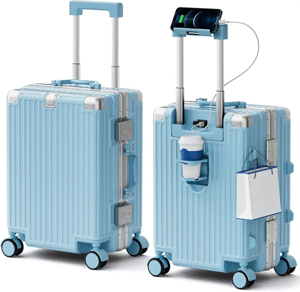 Carry On Luggage, Zipperless Aluminum Frame Suitcase, Blue, 20 in